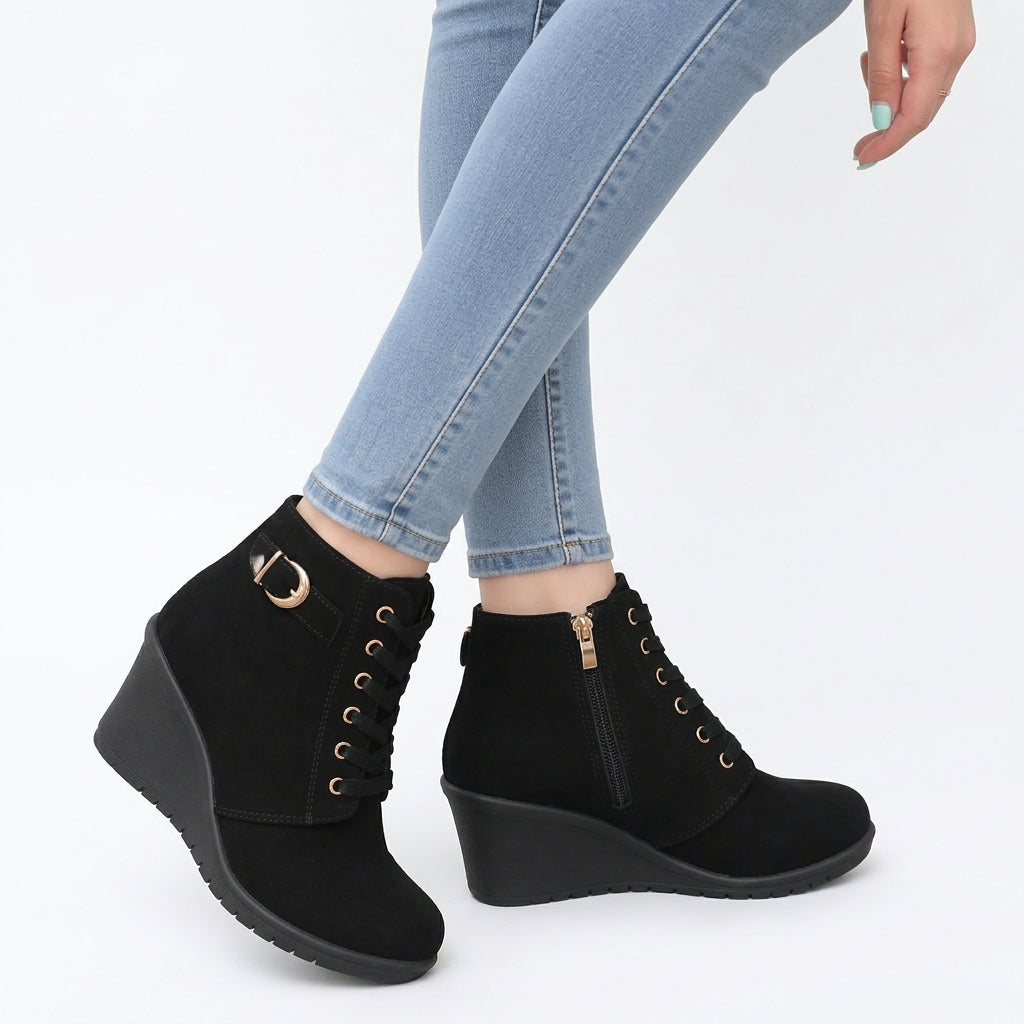 Lace-up buckle hidden wedge boots for women