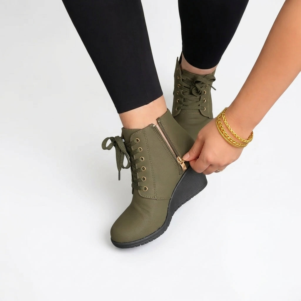 Lace-up buckle hidden wedge boots for women