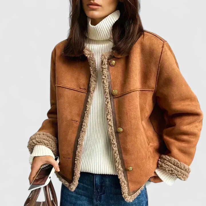 Suede-look jacket with sherpa trim in brown for women