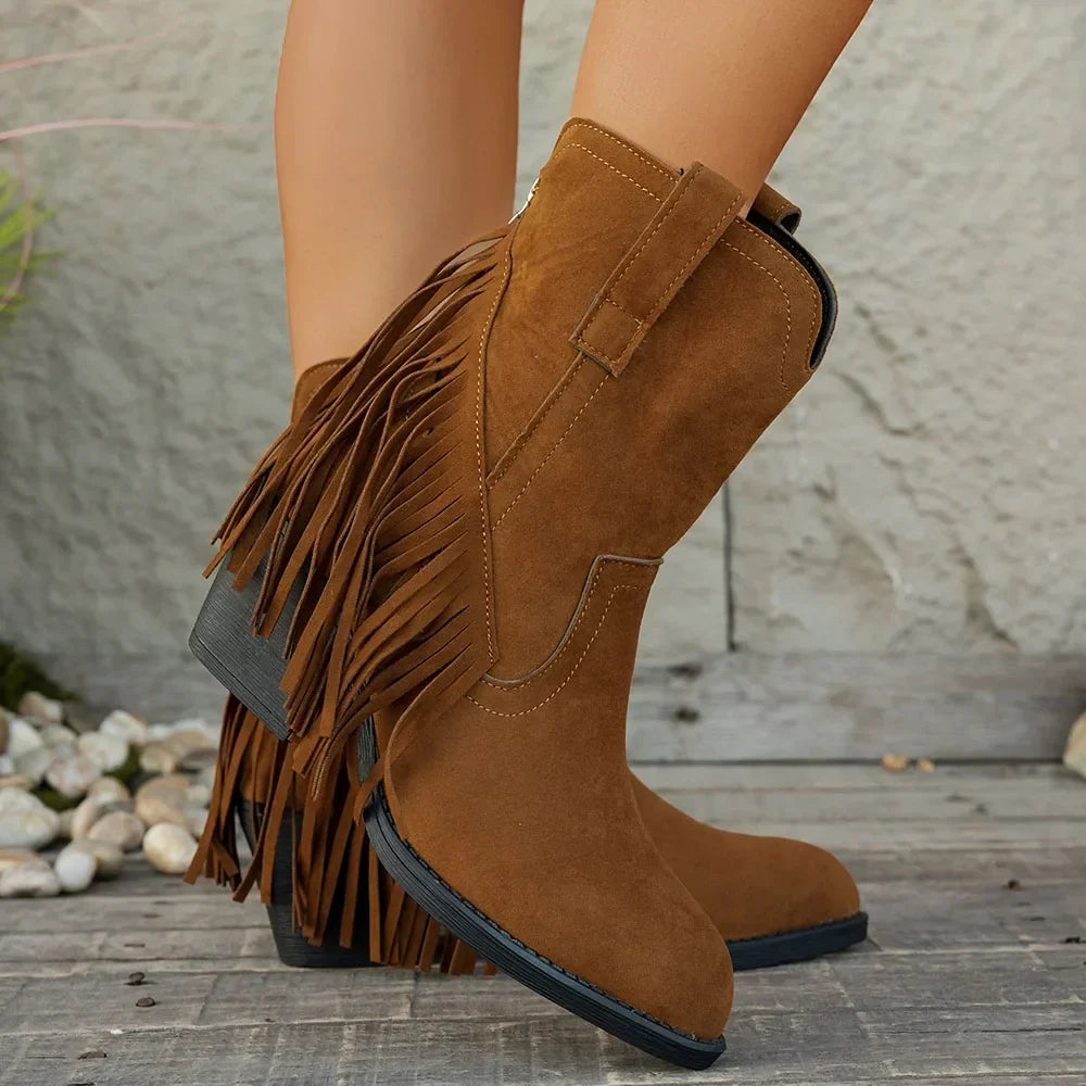 Wide calf fringe cowboy boots for women