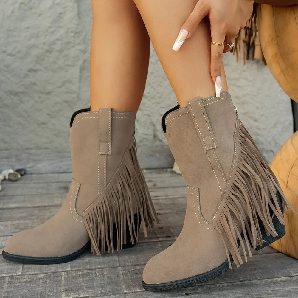 Wide calf fringe cowboy boots for women