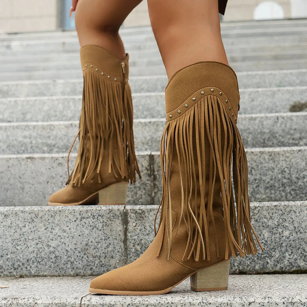 Wide calf fringe cowboy boots for women