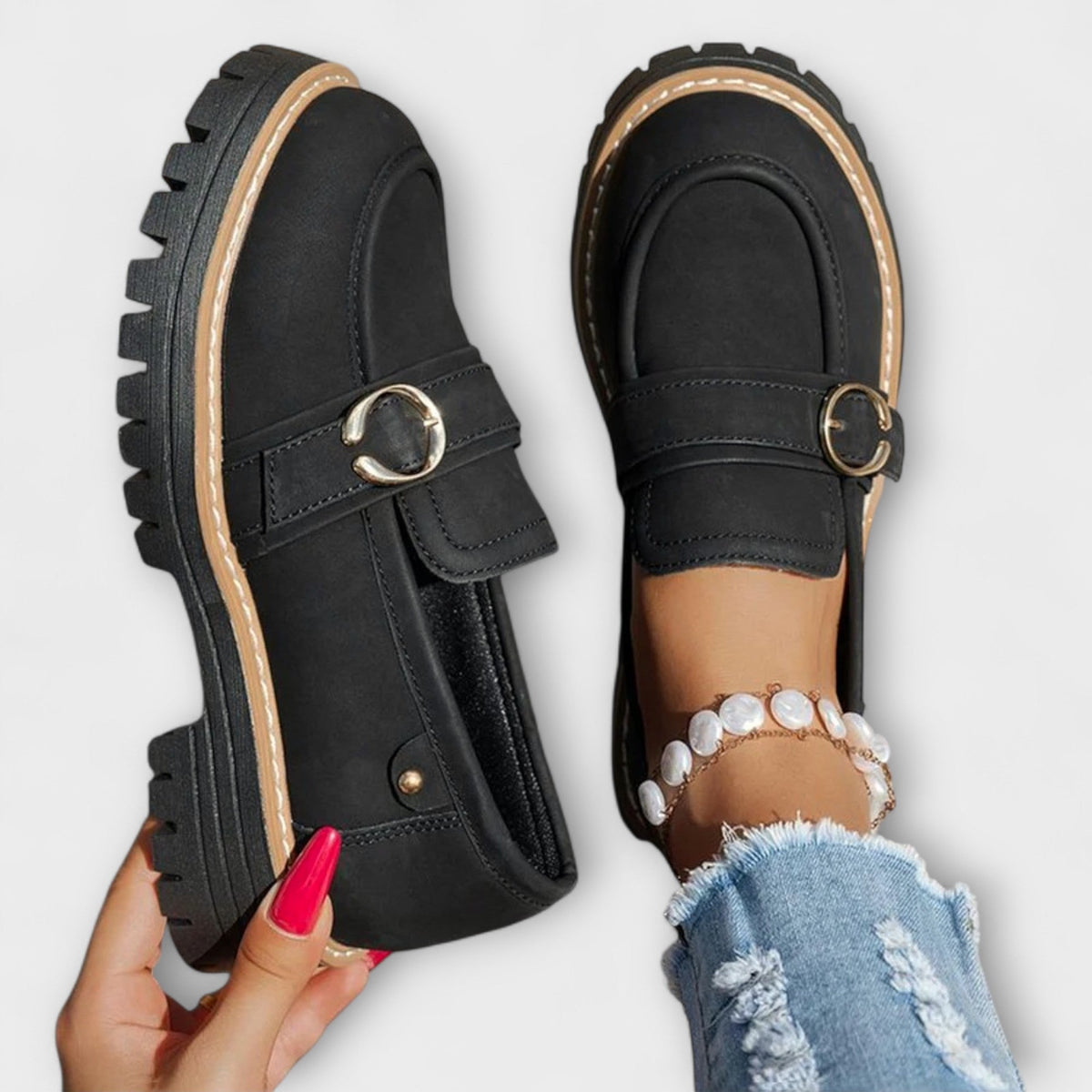 Ring buckle lug sole chunky loafers for women