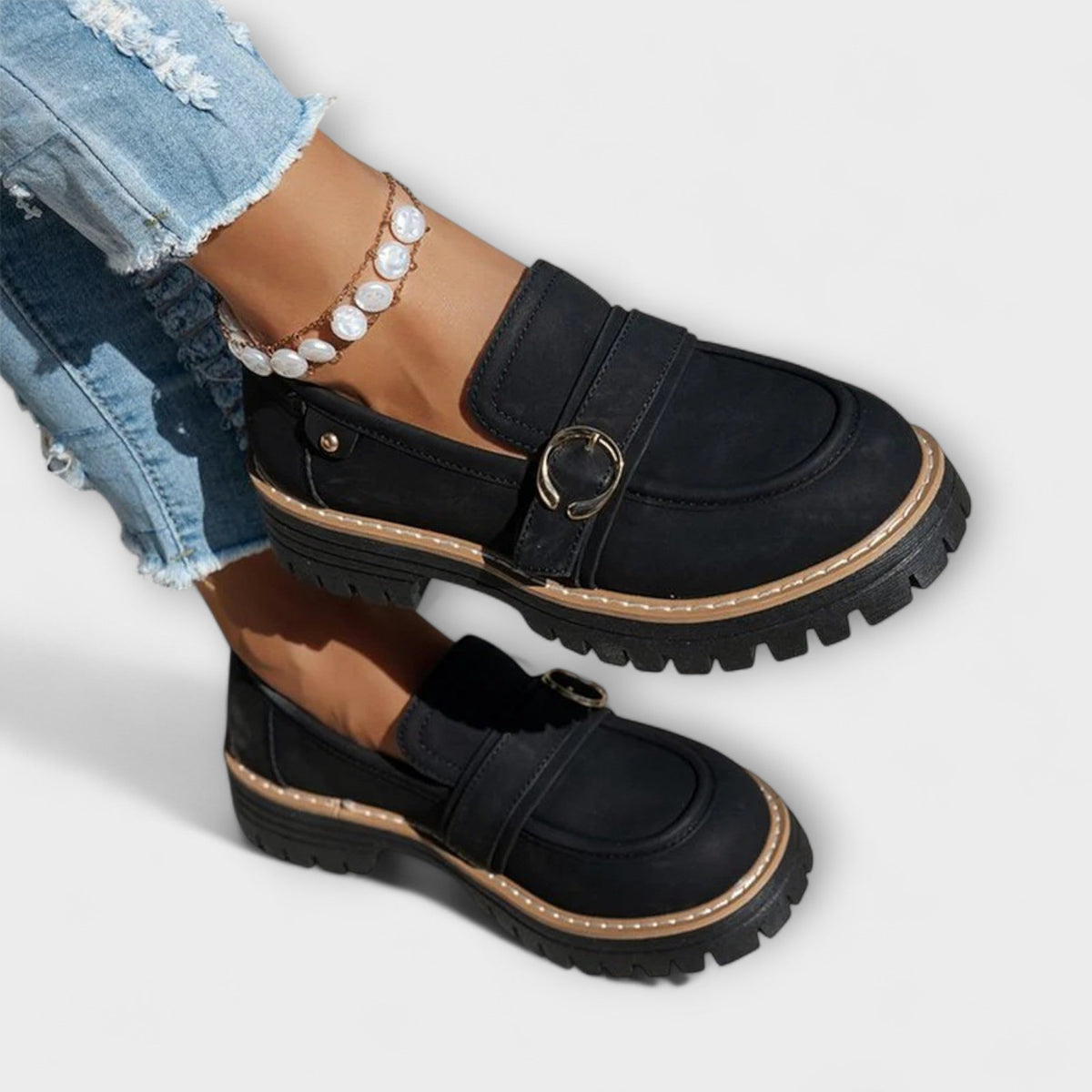 Ring buckle lug sole chunky loafers for women