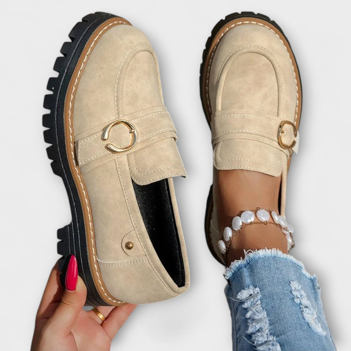 Ring buckle lug sole chunky loafers for women