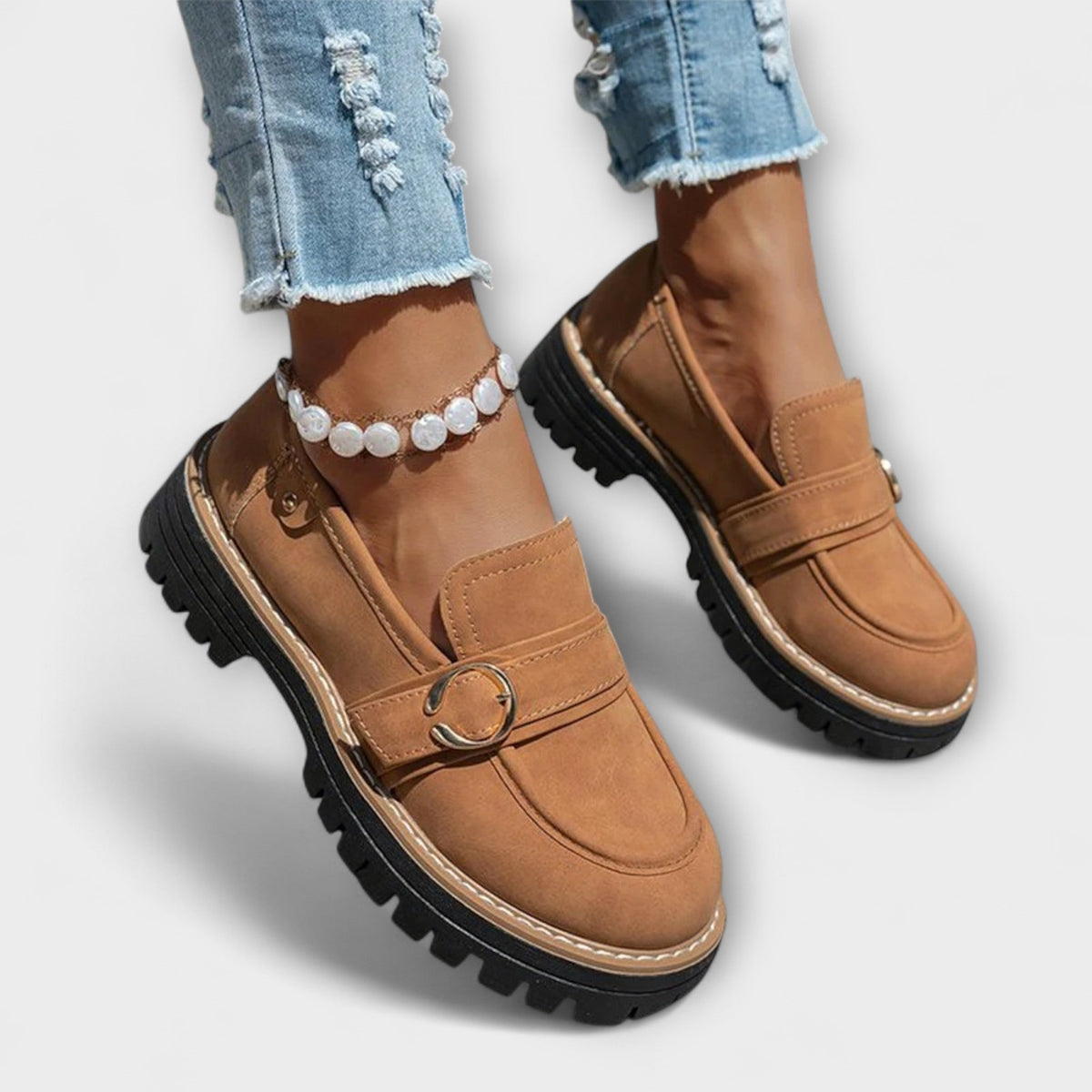 Ring buckle lug sole chunky loafers for women