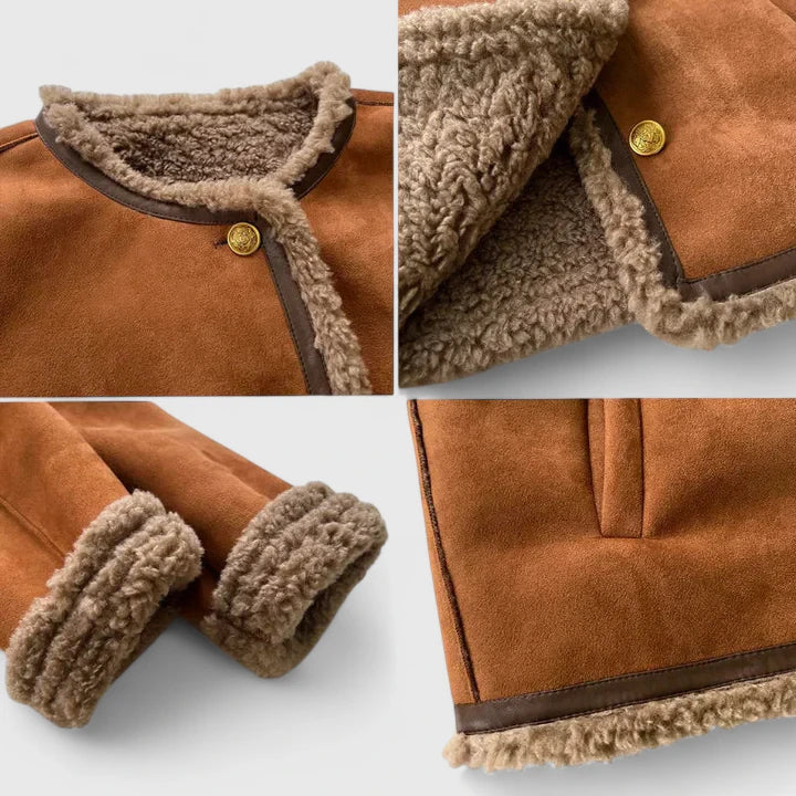 Suede-look jacket with sherpa trim in brown for women