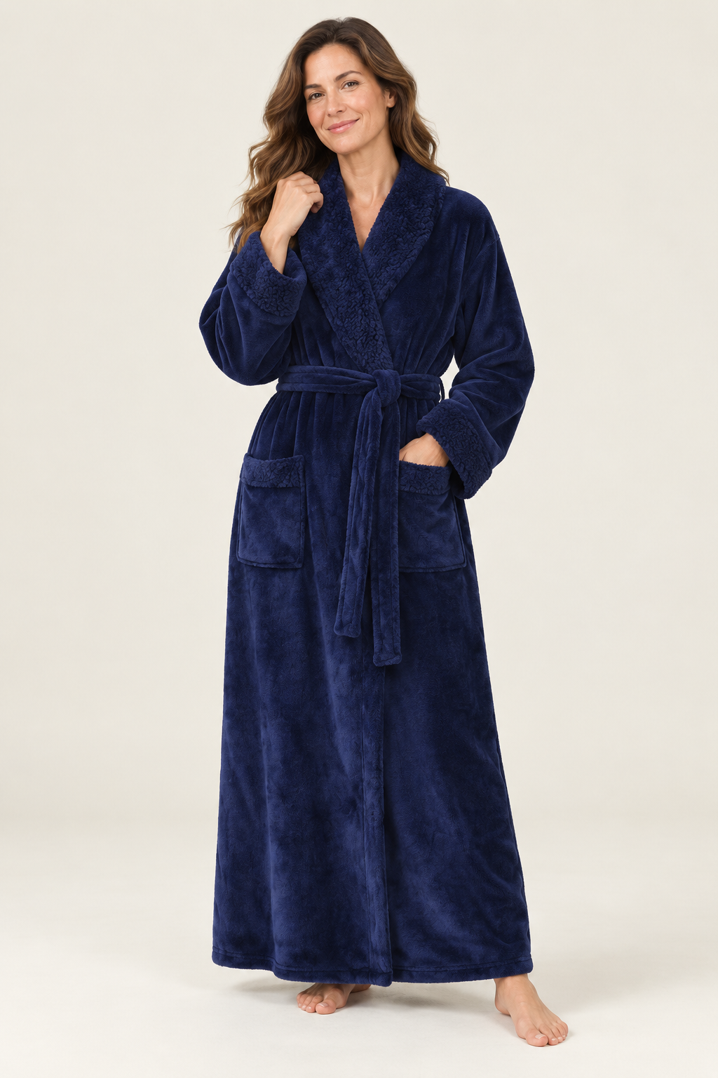 Sherpa-look trim plush robe for women