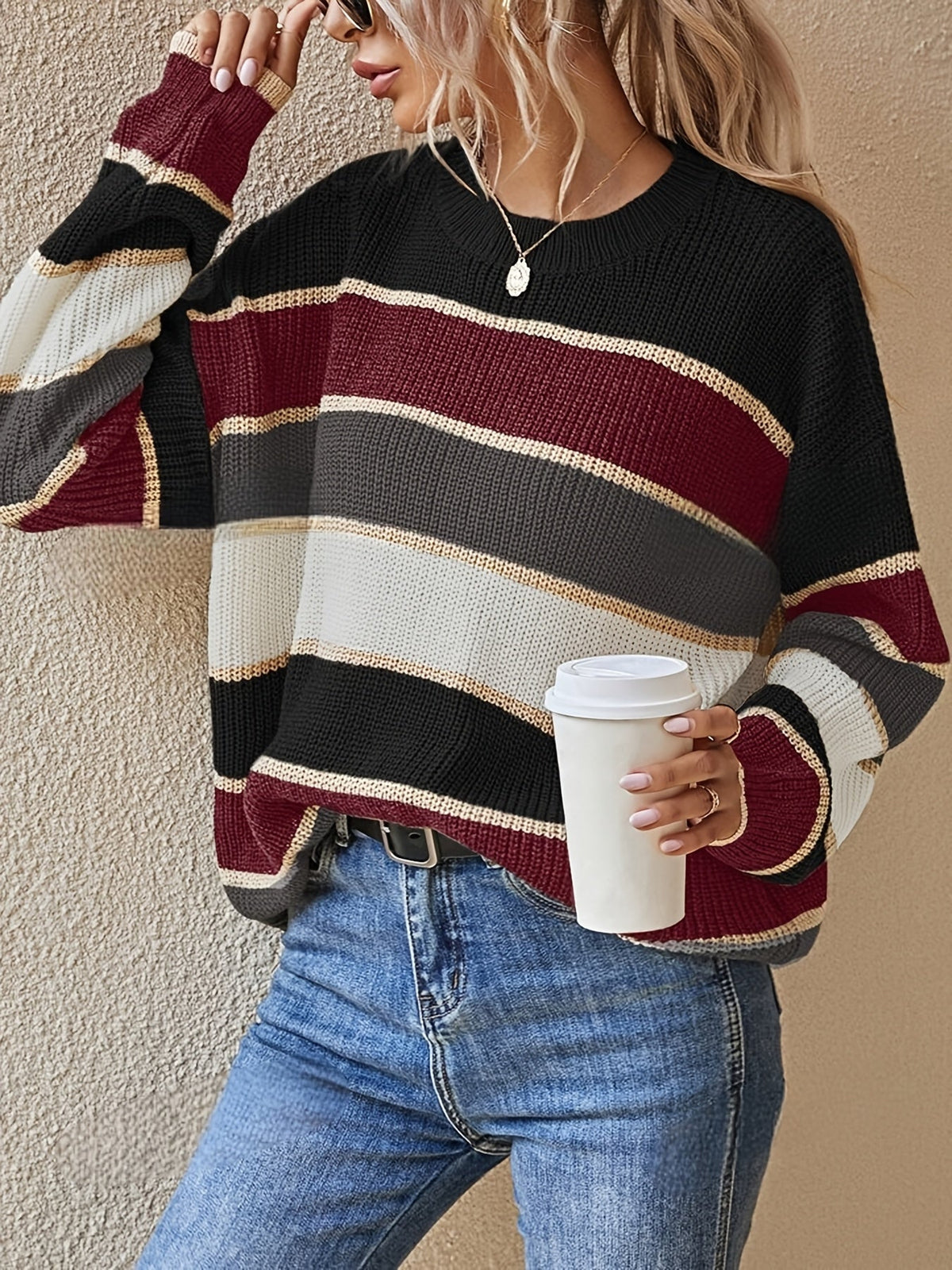 Striped color block sweater in burgundy, apricot and olive for women