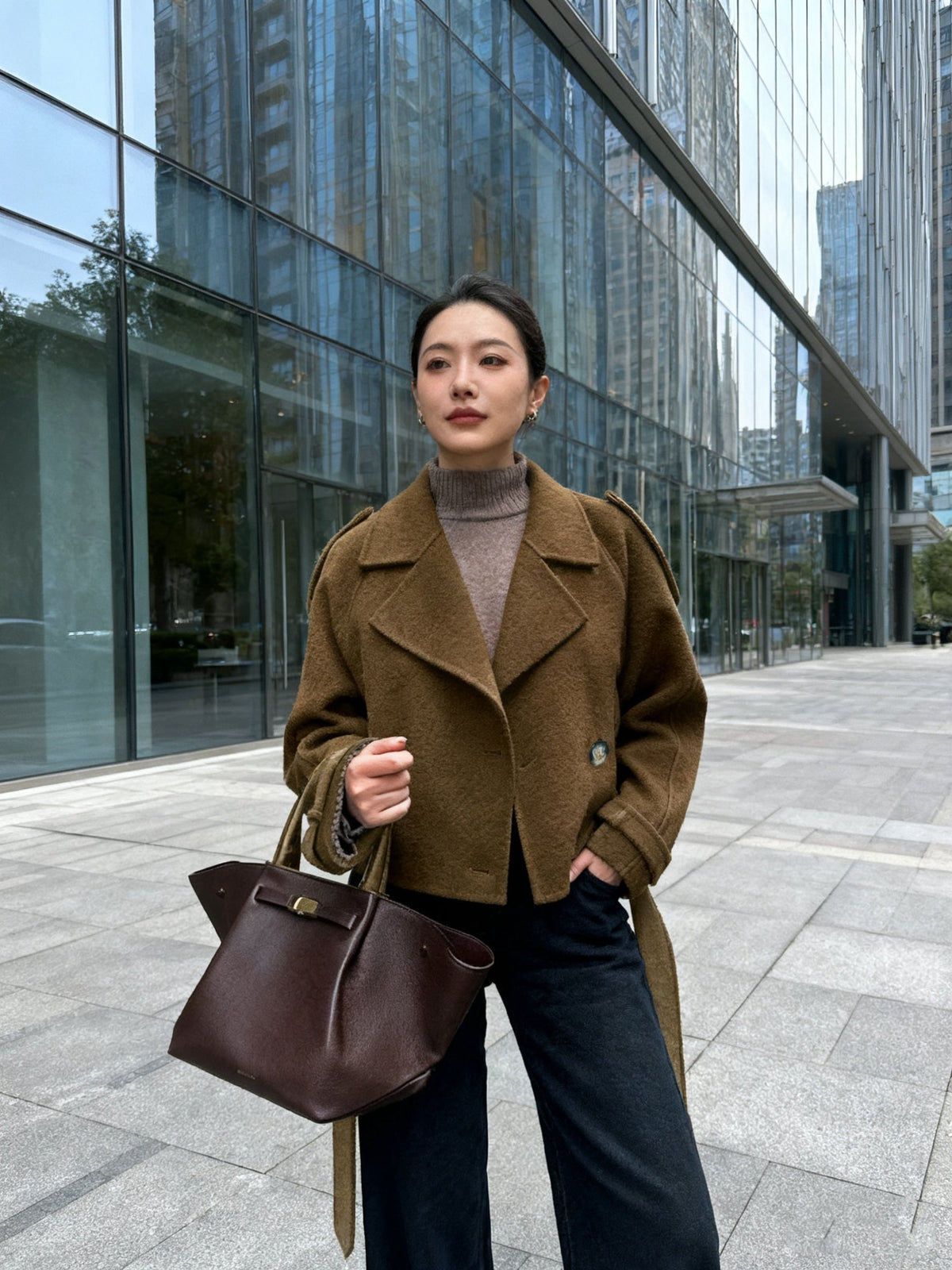Belted oversized pea coat for women