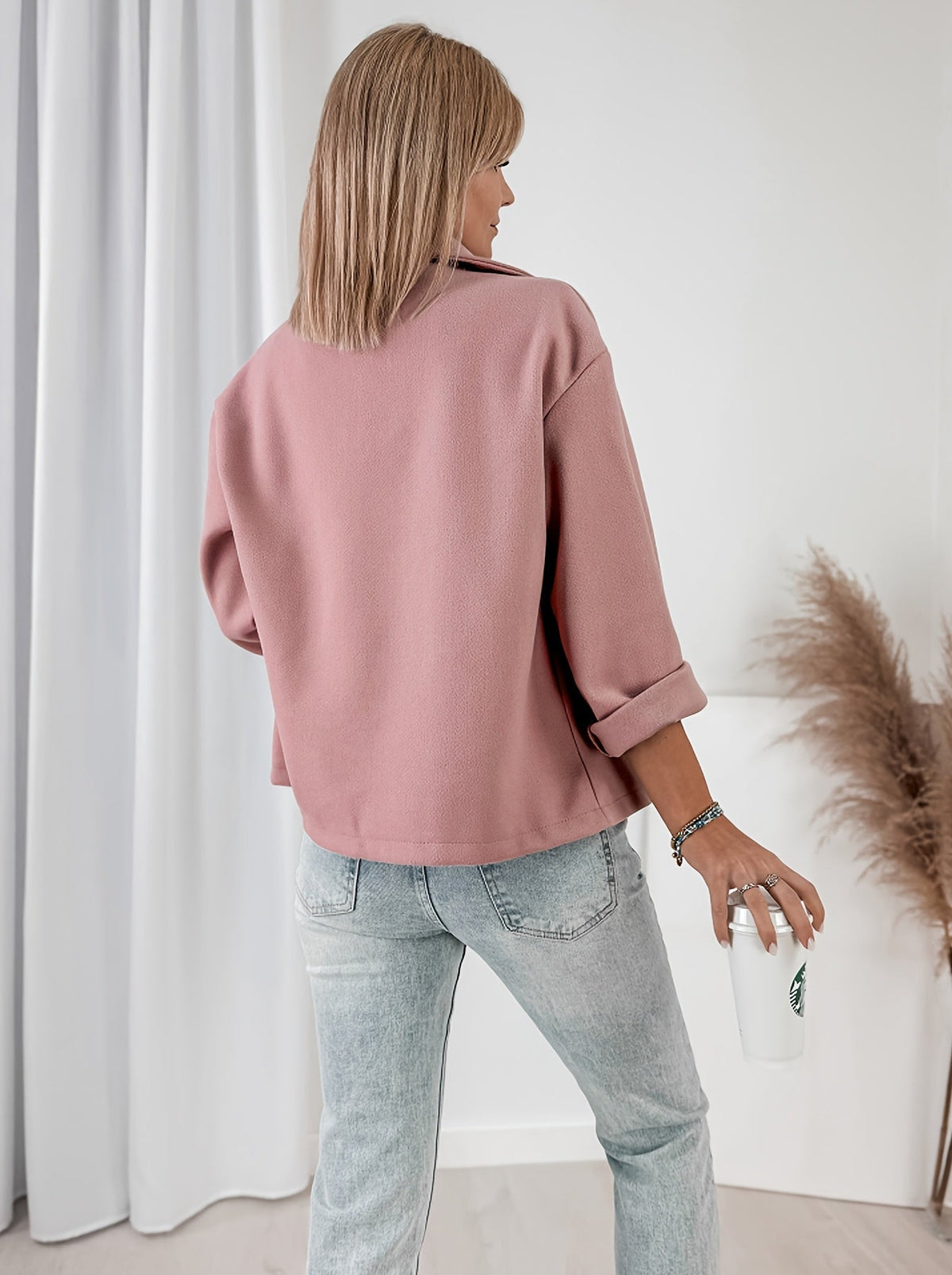 Rolled cuff cropped pea coat for women