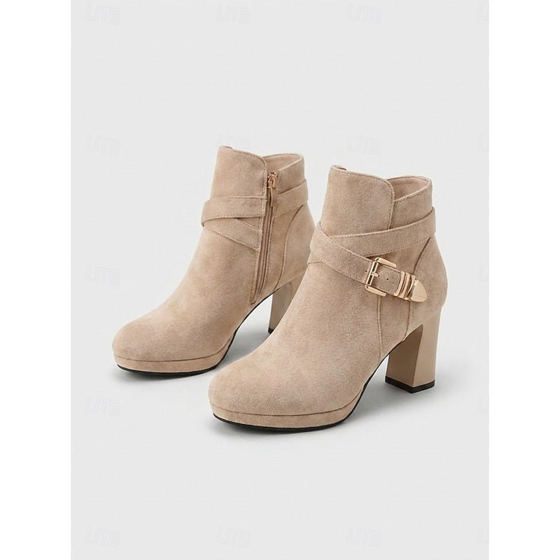 Suede-look block heel ankle buckle boots for women