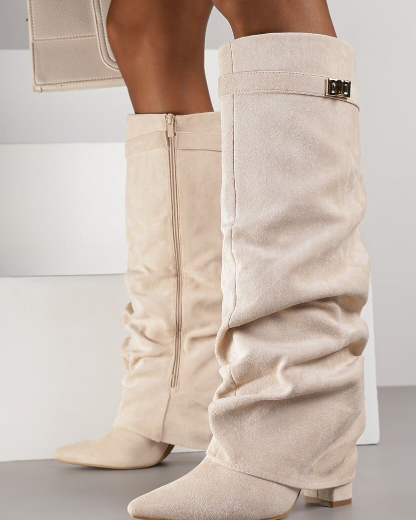 Pointed toe knee-high slouch boots for women