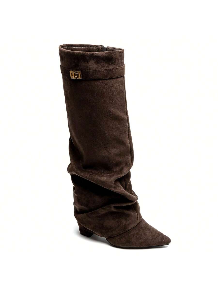 Fold-over slouch boots with buckle strap for women