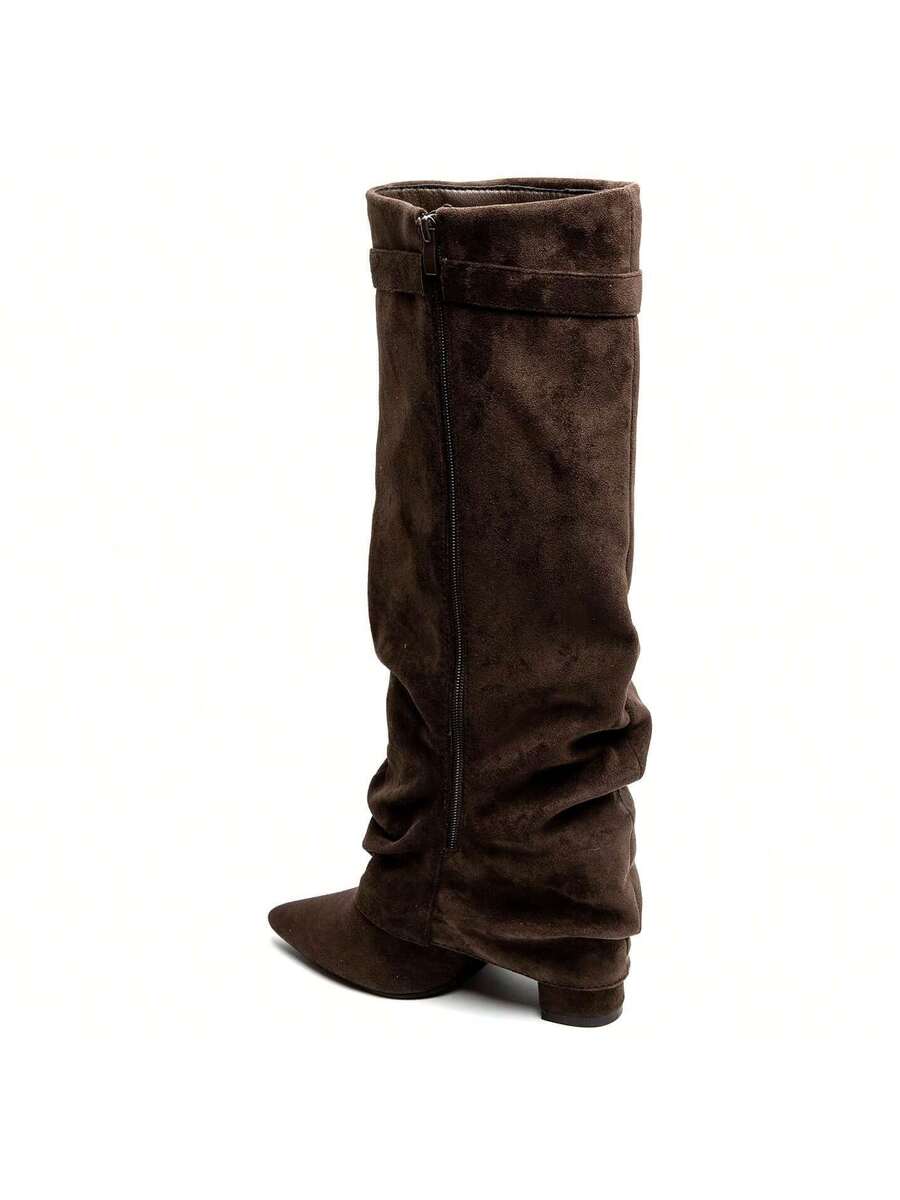 Fold-over slouch boots with buckle strap for women