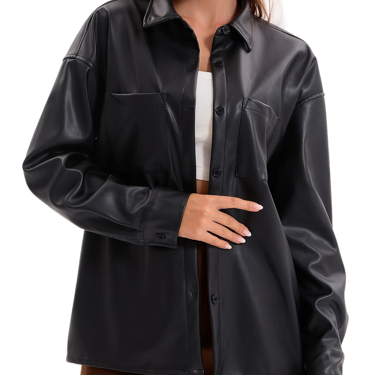 Leather-look shacket for women in brick red, light brown or black