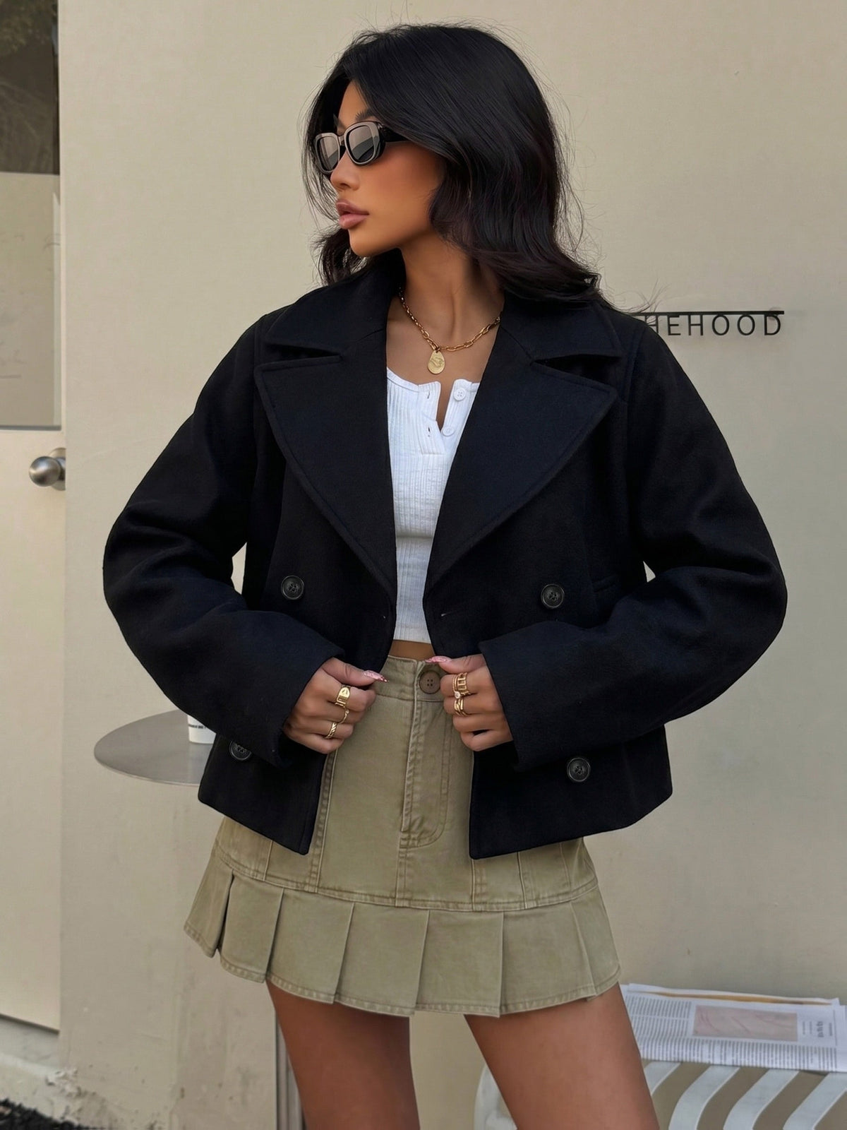 Structured cropped pea coat for women