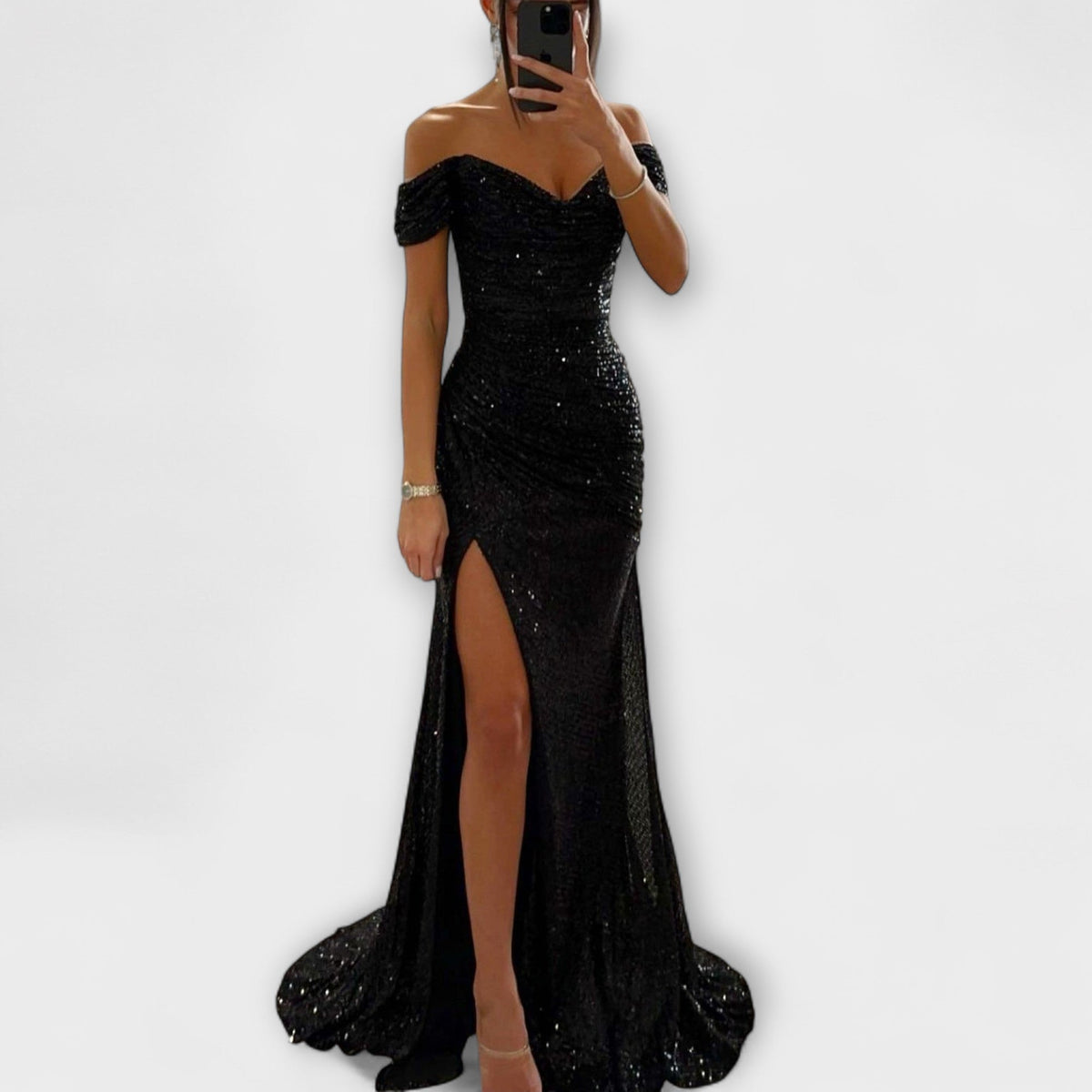 Off-shoulder sequin maxi dress with high slit for women