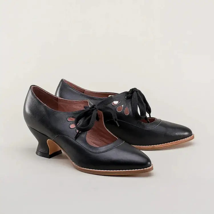 Vintage ribbon tie cutout kitten heels for women