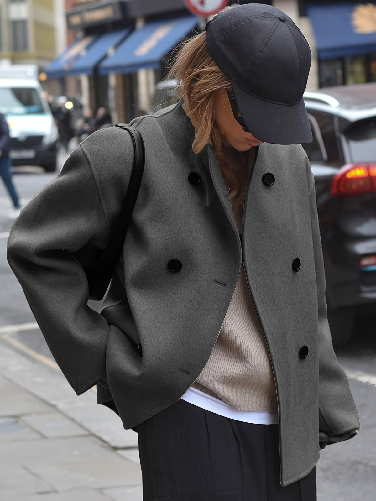 Oversized sleeve cropped pea coat for women