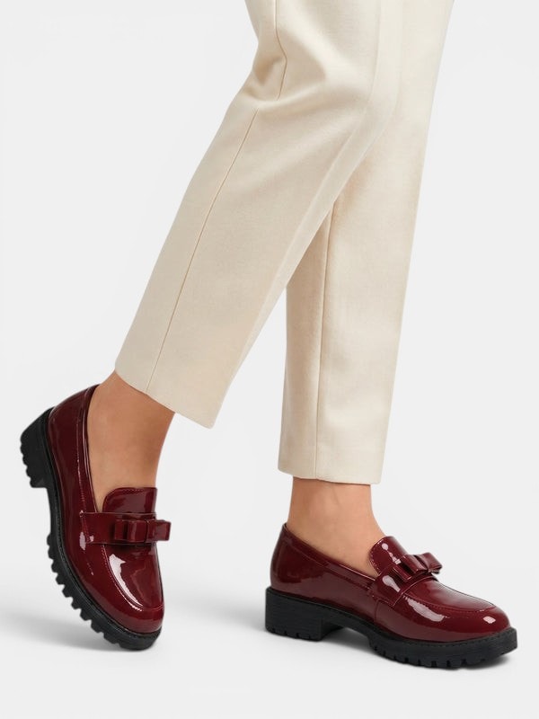 Patent-look bow chunky loafers for women