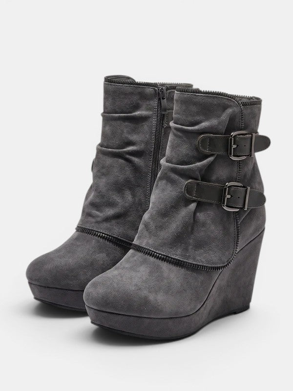 Double buckle ankle wedge boots for women
