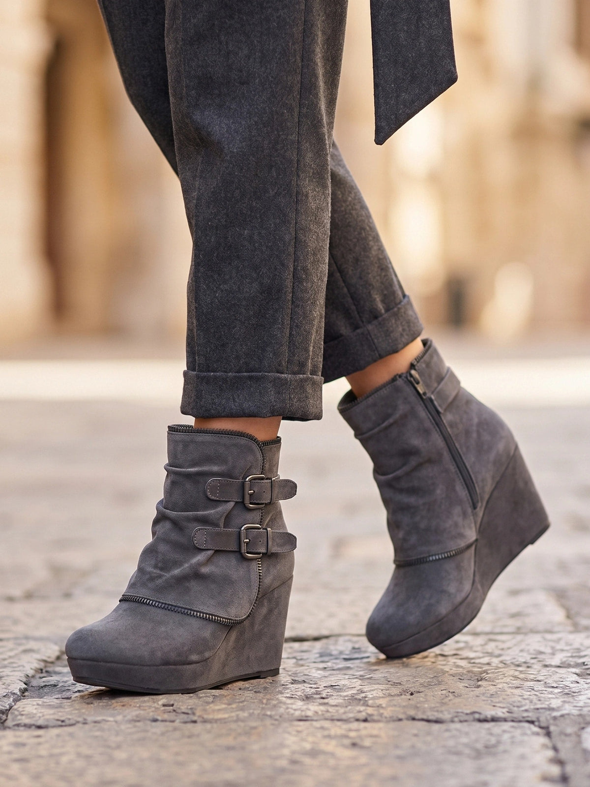 Double buckle ankle wedge boots for women