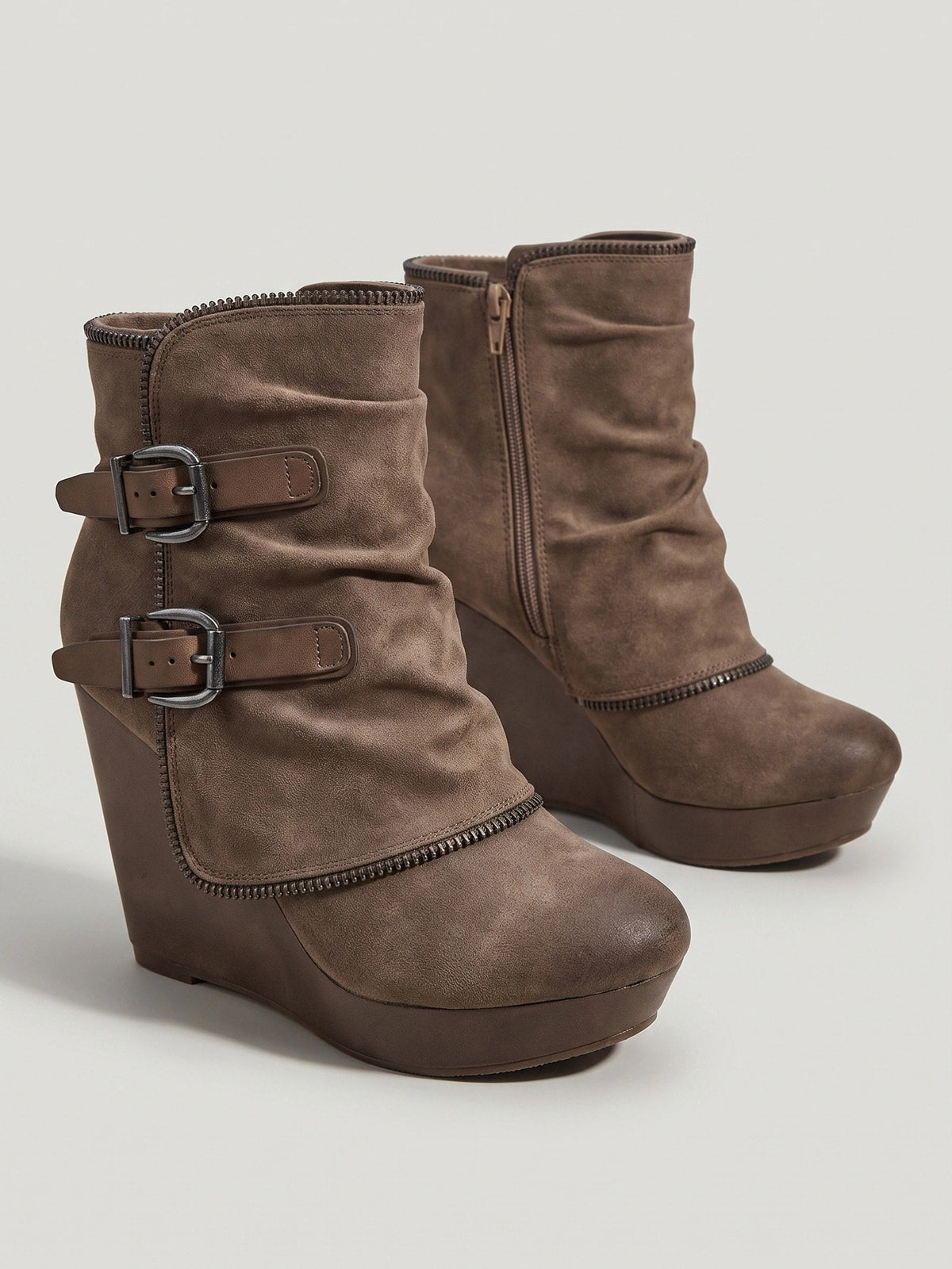 Double buckle ankle wedge boots for women