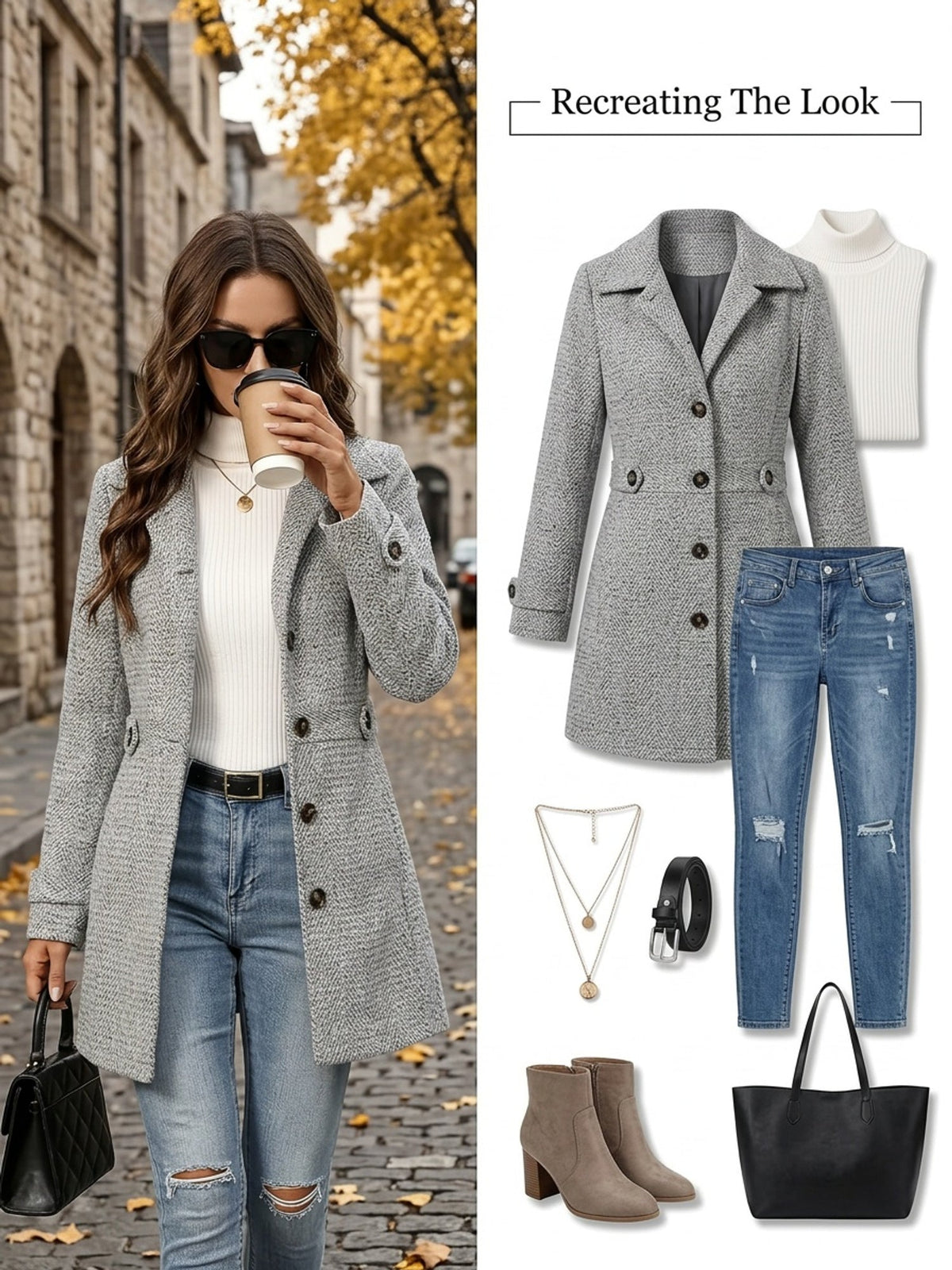 Single-breasted herringbone belted coat for women