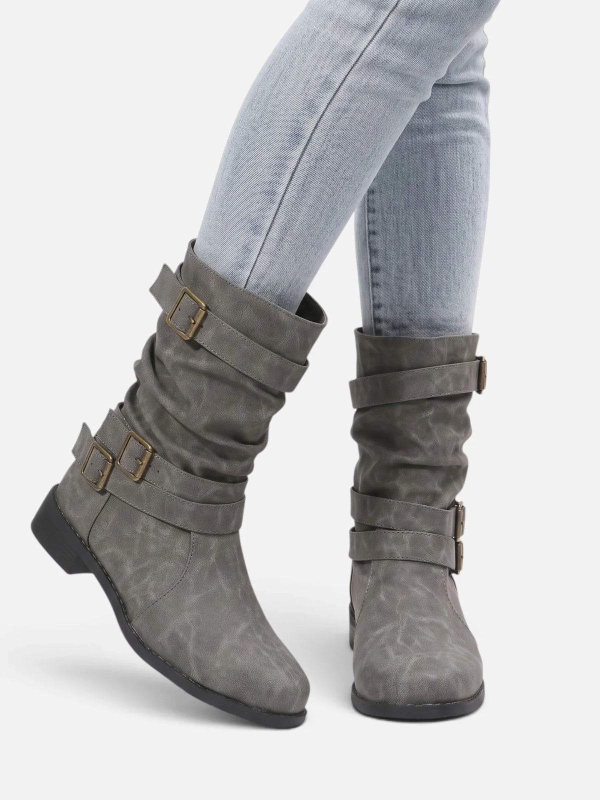 Triple buckle mid-calf slouch boots for women