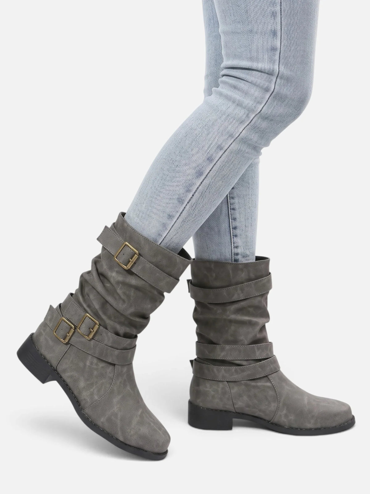 Triple buckle mid-calf slouch boots for women