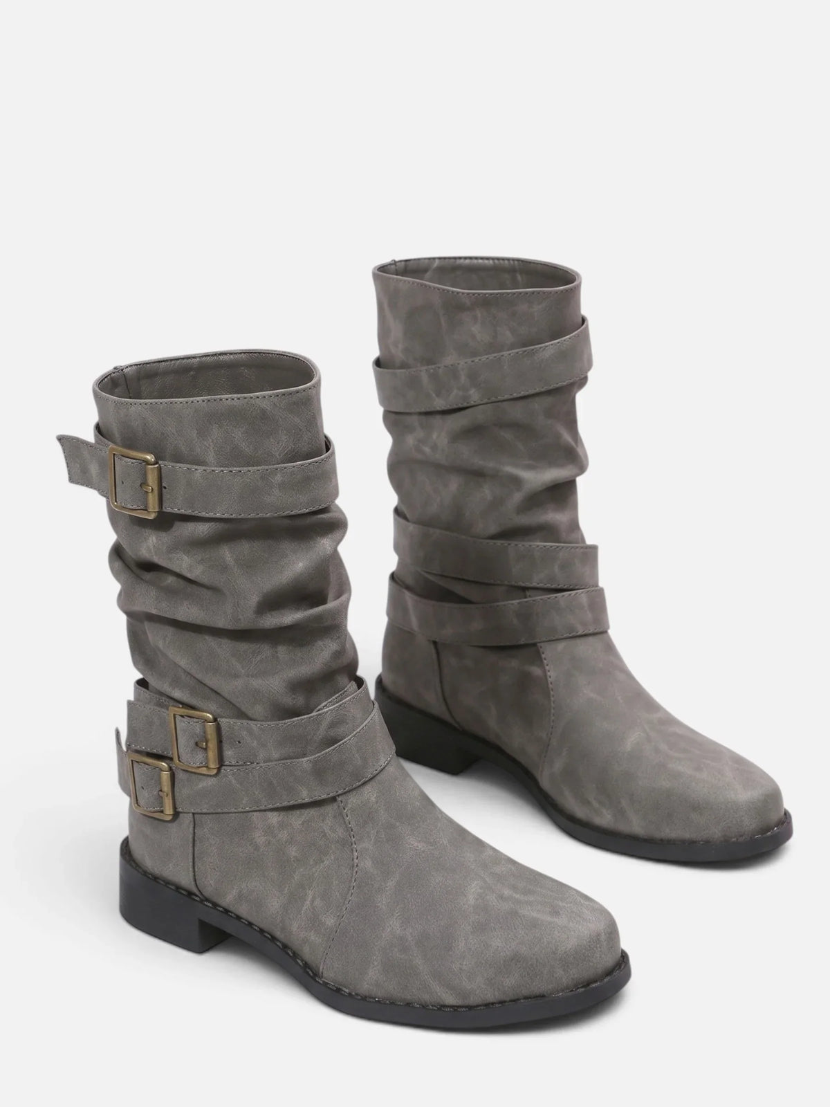 Triple buckle mid-calf slouch boots for women