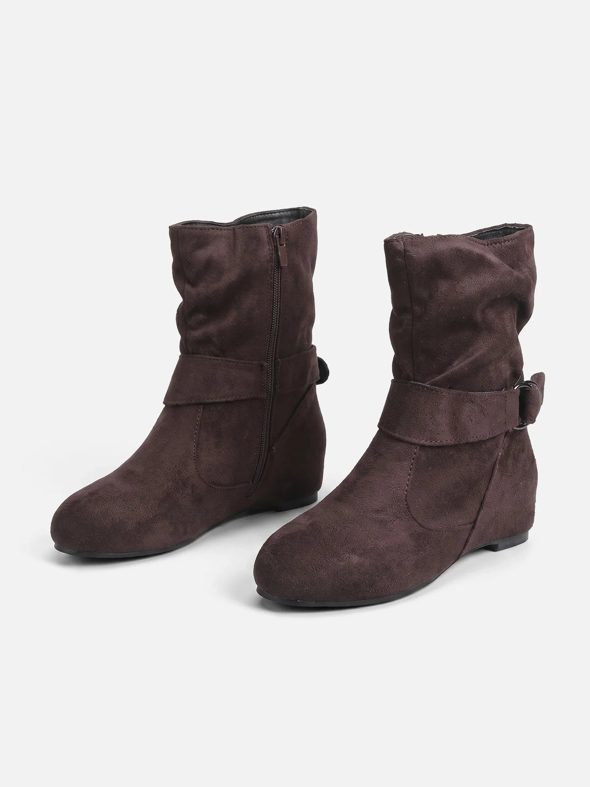 Suede-look buckle mid-calf slouch boots for women