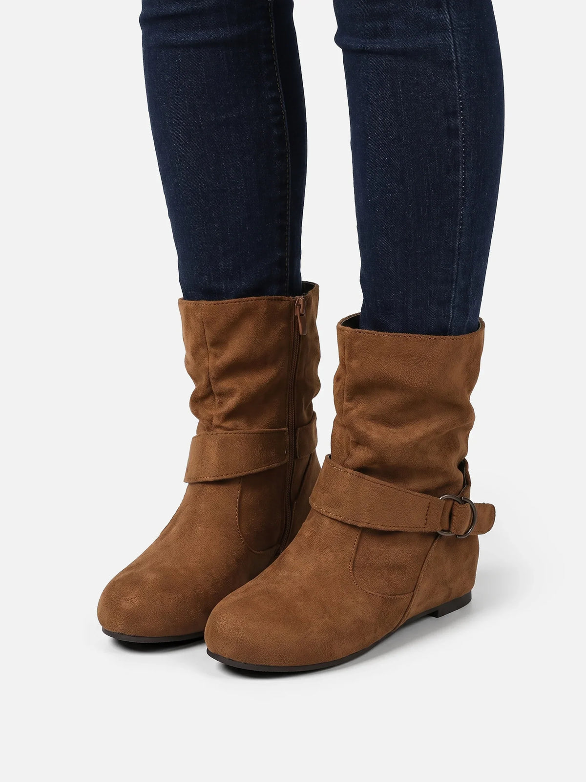 Suede-look buckle mid-calf slouch boots for women