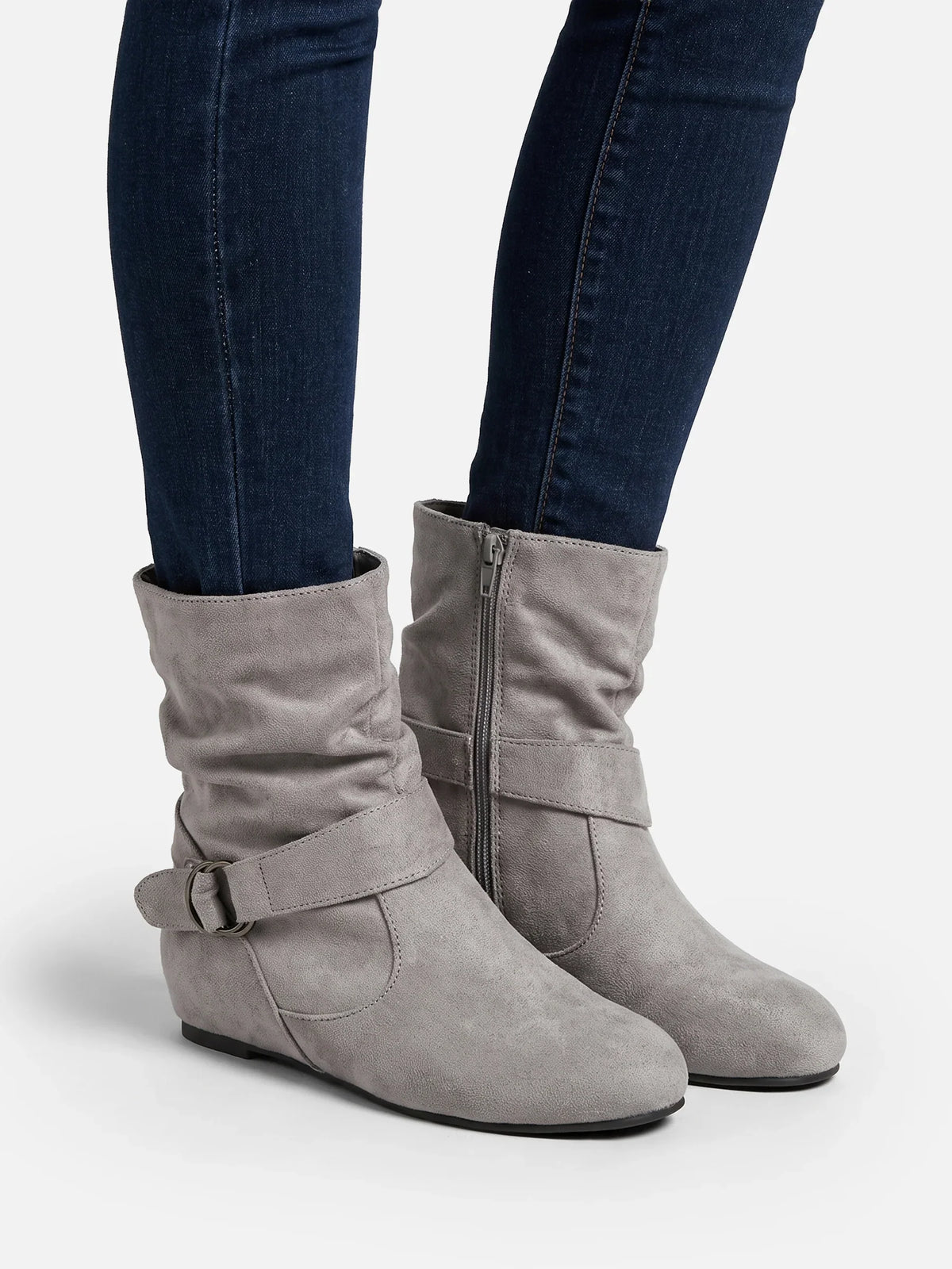 Suede-look buckle mid-calf slouch boots for women