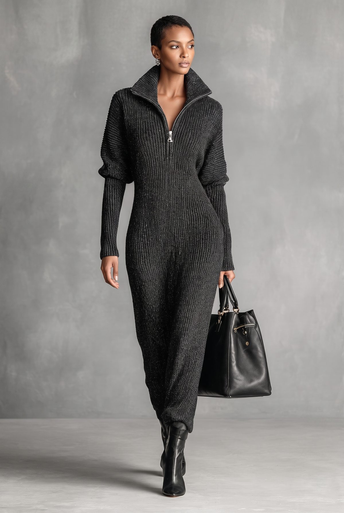 Zip-neck knit maxi dress in dark gray for women