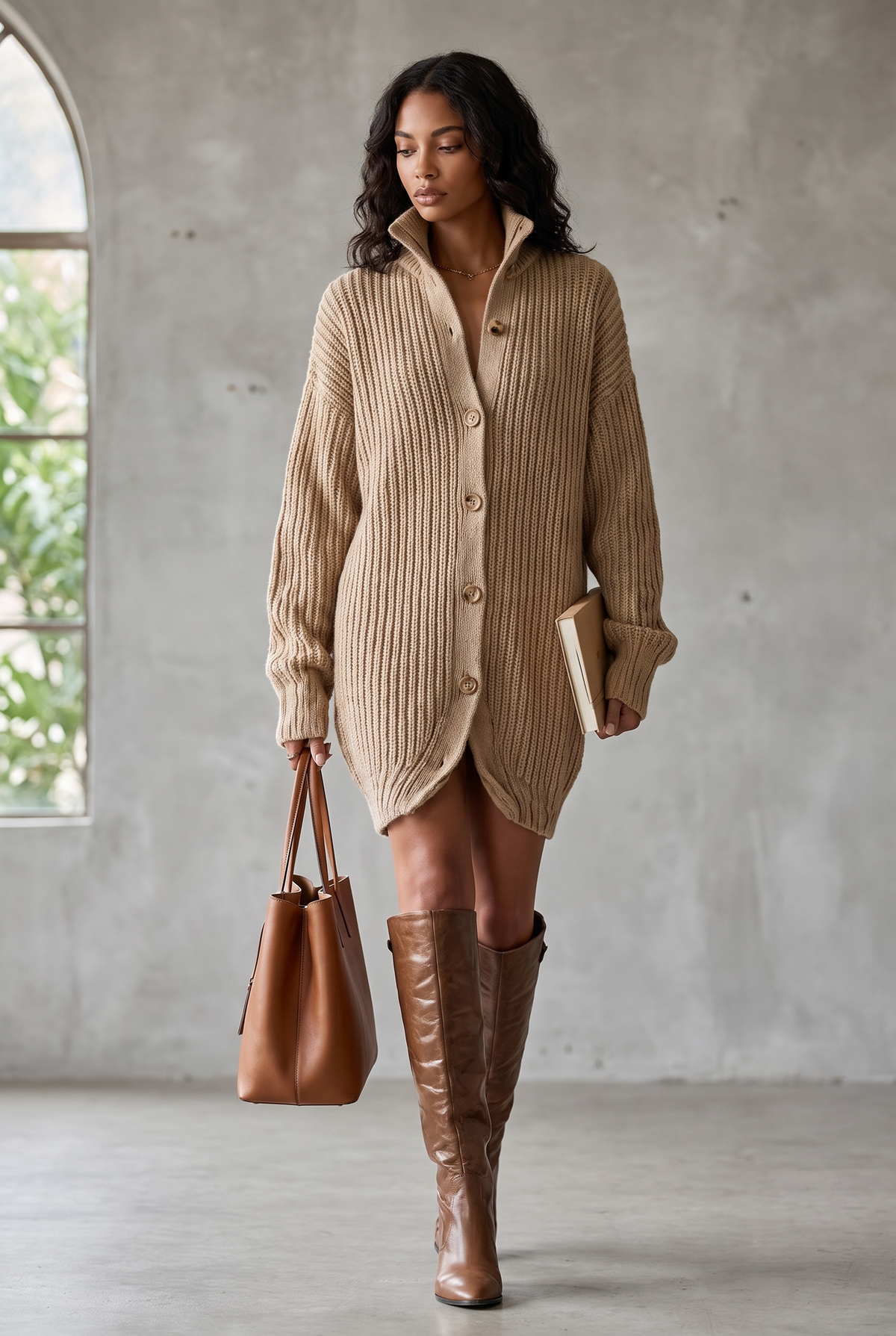 Cardigan mini dress in camel for women