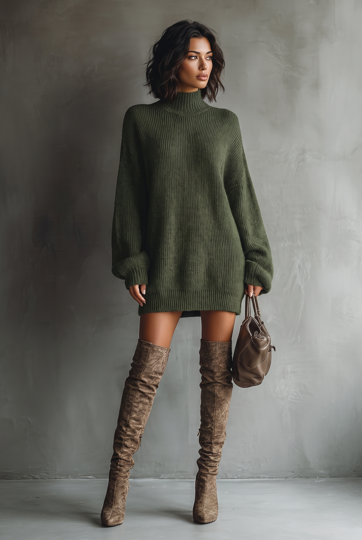 Vintage knit mini dress in caramel brown, off-white, black, gray or military green for women