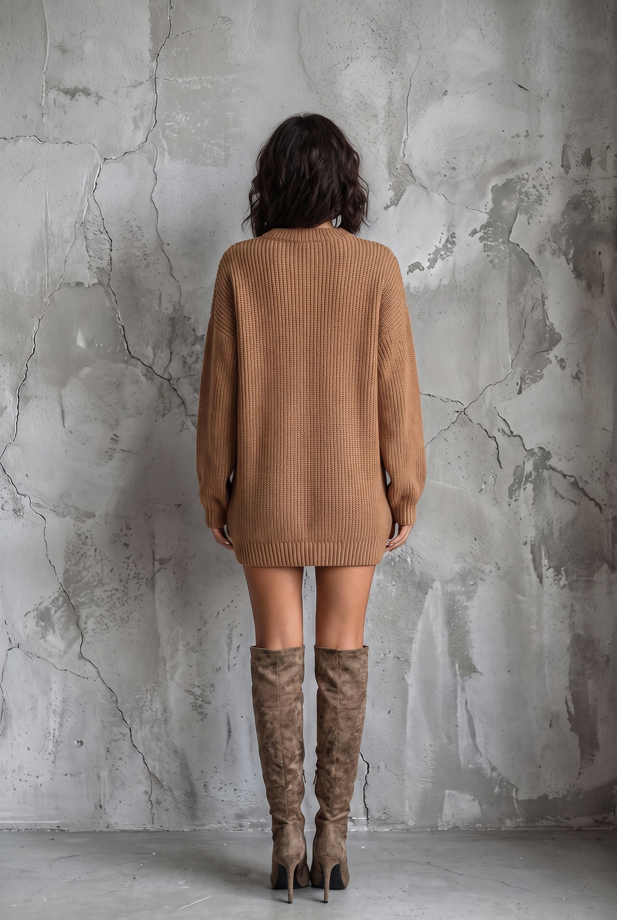Vintage knit mini dress in caramel brown, off-white, black, gray or military green for women