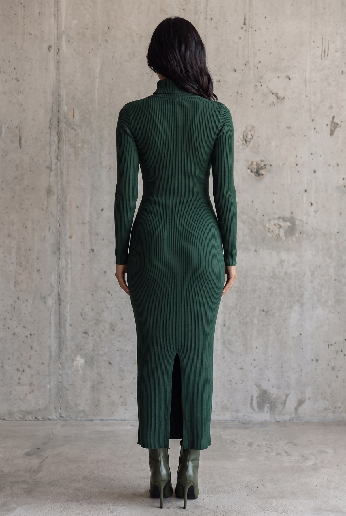 Knit wrap midi dress in dark green for women
