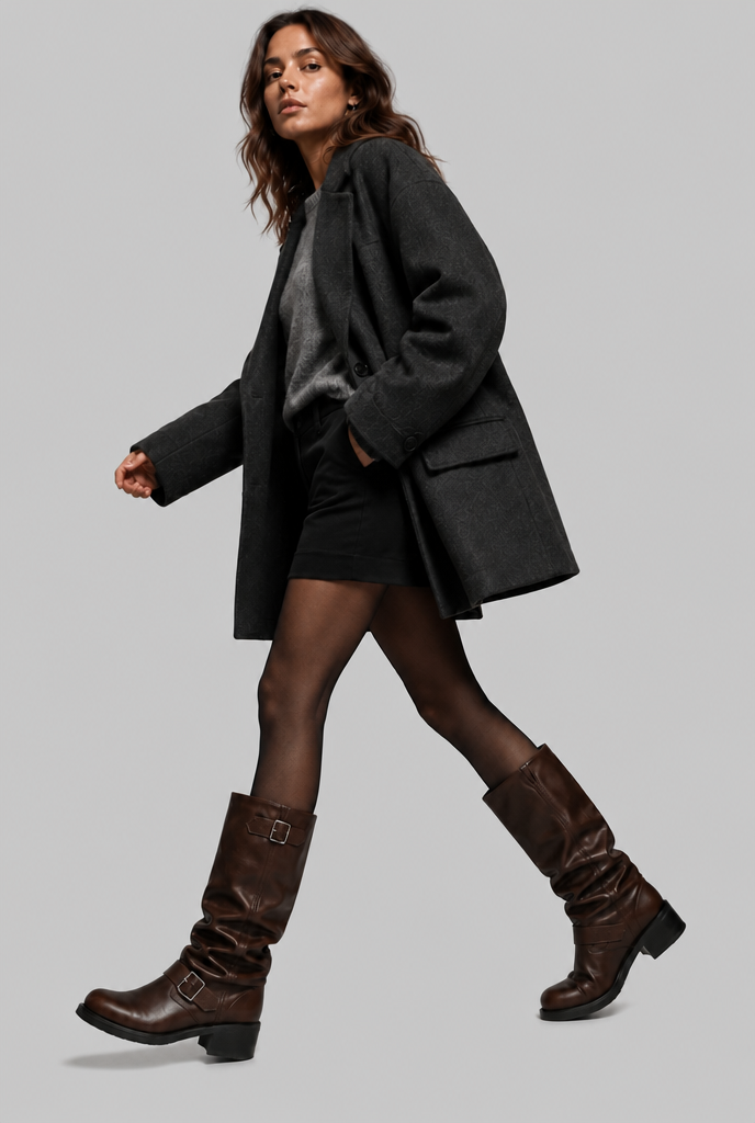 Knee-high biker slouch boots for women