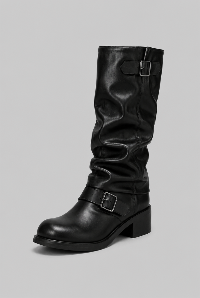 Knee-high biker slouch boots for women