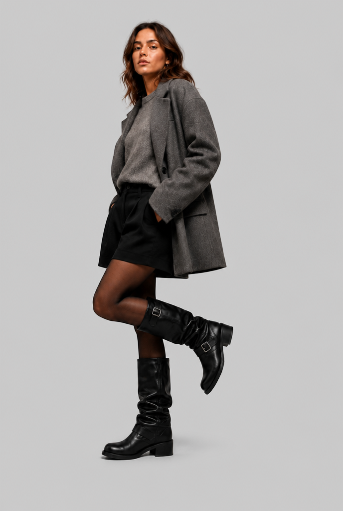 Knee-high biker slouch boots for women
