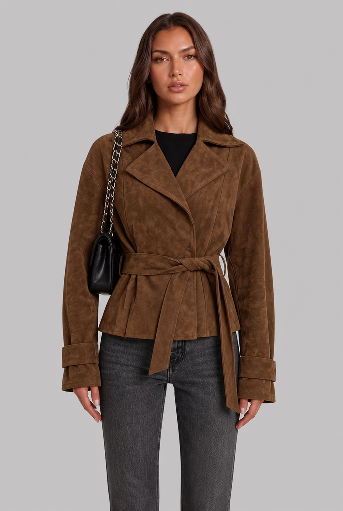 Notched collar suede-look belted jacket for women