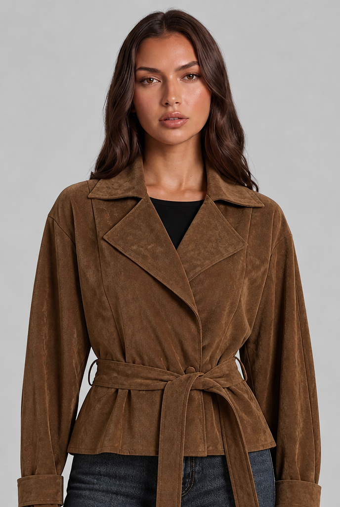 Notched collar suede-look belted jacket for women