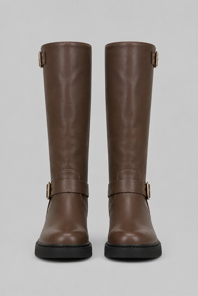 Knee-high harness buckle biker boots for women