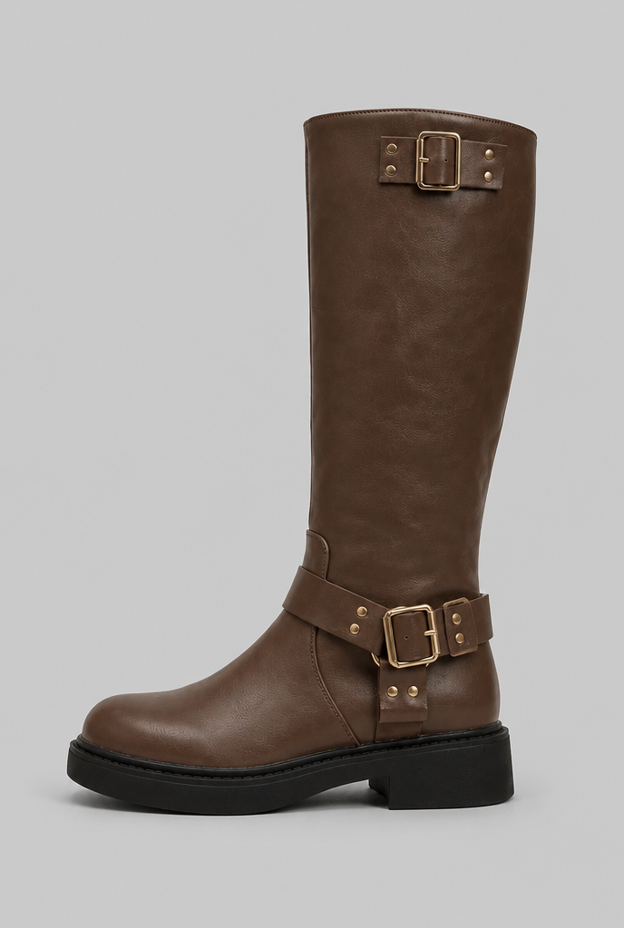 Knee-high harness buckle biker boots for women