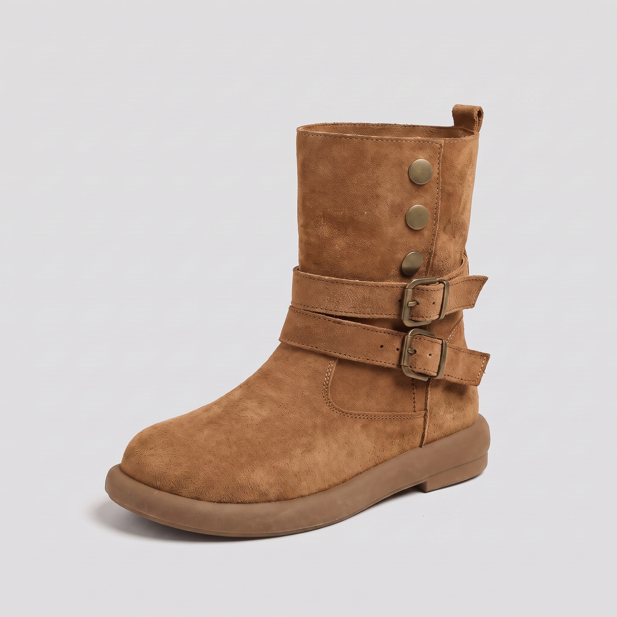 Flat suede-look double buckle boots for women