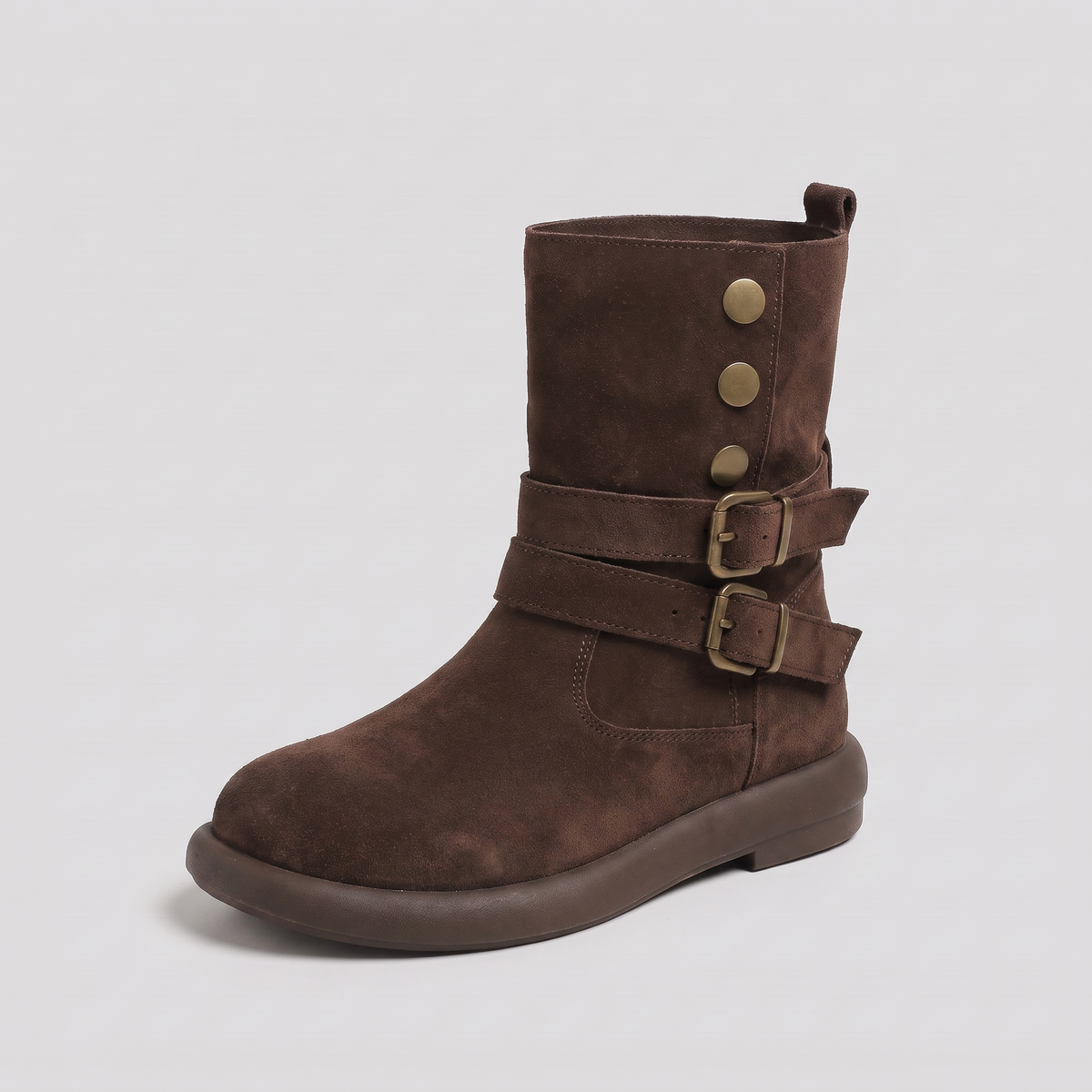 Flat suede-look double buckle boots for women