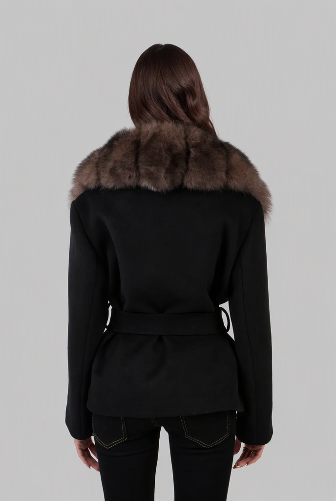 Faux fur collar belted coat for women